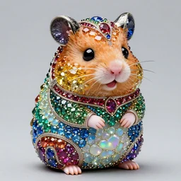 cute hamster statue, portrait, made of large rainbow gems, made of ornate gemstones, ruby sapphire emerald opal onyx, hamster is large gems, gem hamster, artgerm, realistic, roger deakins, greg rutkowski, jewelry hamster