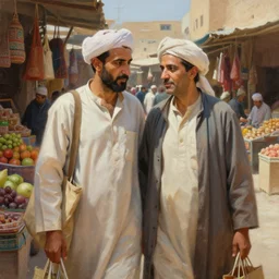 a beautiful portrait painting of a couple shopping in a sunny market in north africa, masterpiece by famous artist nasreddine dinet and eugene de blaas and greg rutkowski and artgerm and wlop, path tracing, intricate, elegant, highly detailed, digital painting, artstation, concept art, smooth, sharp focus