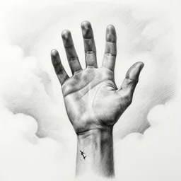 a hyper - detailed pencil drawing of a hand coming out of the sky, looking up, scars on hand