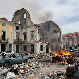 lisbon in ruins, trash everywhere, destroyed buildings, cars on fire