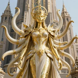 a photo of 8k ultra realistic corrupted lovecraftian golden humanoid queen standing next to a grand citadel, 8 intricate white and gold tentacles, ornate white and gold armour, cinematic lighting, trending on artstation, 4k, hyperrealistic, focused, high details, unreal engine 5, cinematic, masterpiece