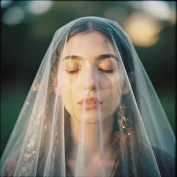 a vintage analog head and shoulder frontal face portrait photography of a beautiful woman covered in a plastic transparent veil by alex prager. vogue. closed eyes. kodak portra 8 0 0 film. shallow depth of field. ( depth of field ). whirl bokeh!!. golden hour. detailed. hq. realistic. warm light. muted colors. filmic. dreamy. lens flare. mamiya 7 ii, f / 1. 2, symmetrical balance, in - frame
