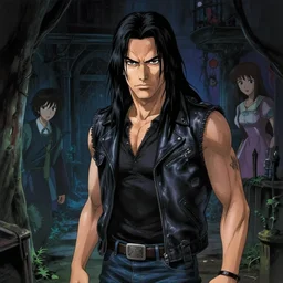 portrait of danny trejo exploring a haunted house, long black hair, leather vest and jeans, kyoto animation still, finely illustrated face, intricately detailed features, digital painting, makoto shinkai, painted by ilya kuvshinov and katsura masakazu and alphonse mucha and satoshi kon