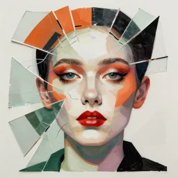 languid temptation. minimalistic paper collage with shattered glass texture in style of contemporary art, punk art, photorealistic face, expressionism, masterpiece, perfect composition, photorealistic beautiful face, spectacular quality, intricate oil details, orange, red, white, green, black