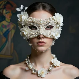 a futuristic portrait covered by mask made of wires and pearl and white plastic flowers, necklace made by wires and pearls and plastic flowers twisted around neck, design by leonardo davinci, inspired by egon schiele, balenciaga, modern art, baroque art jewelry, new classic, fashion design, photorealistic, hyper realistic, cinematic composition, cinematic lighting, fashion design, concept art, 8 k render -