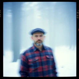 kodak portra 4 0 0, wetplate, muted colours, blueberry, 1 9 1 0 s style, motion blur, portrait photo of a backdrop, sparkling, lumberjack, forest, snow, fog, by manfred deix and by britt marling