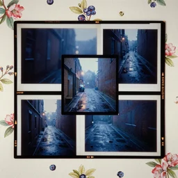 kodak portra 4 0 0, wetplate, 8 5 mm carl zeiss, blueberry, award - winning colour by britt marling : a rainy alleyway at night, quadratic quadratic picture frames, haze, wallpaper
