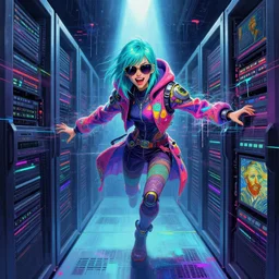 an angelic hacker with turquoise hair in vast cyberspace glitching through a vulnerable server, wearing sunglasses, futuristic clothes, vibrant colors, glitchy, rule of thirds, spotlight, drips of paint, expressive, passionate, by greg rutkowski, by jeremy mann, by francoise nielly, by van gogh, digital painting