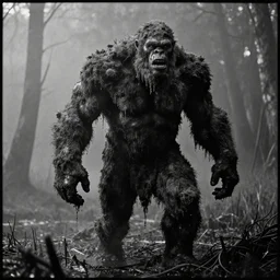 a movie still by tarkovsky of a huge ogre in a swamp mossy, by night, cinestill 8 0 0 t 3 5 mm b & w, heavy grain, high quality, noir, natural textures, photorealistic, ambient occlusion, hd, mud, fog, criterion collection