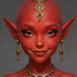 red skin, orc, smiling, beautiful detailed eyes, cute, fantasy, intricate, elegant, highly detailed, digital painting, 4k, HDR, concept art, detailed jewelry, smooth, sharp focus, illustration, by Wayne Reynolds