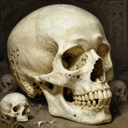 melancholy memento mori by arthur rackham, detailed, art nouveau, gothic, ornately carved beautiful skull dominant, intricately carved antique bone, skulls, art nouveau botanicals, microscopic organisms by ernst haeckel, art forms of nature by ernst haeckel, horizontal symmetry, arthur rackham, ernst haeckel