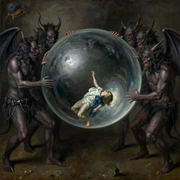 demons in hell tormenting a large cubic bubble with tiny man inside, disturbing, uneasy, unsettling, by hieronymus bosch, trending on artstation, trending on nightcafe, by alexander fedosa oil on canvas