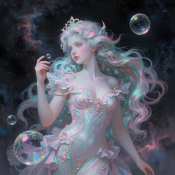 portrait of triton , fantasy, space nebulla, gradiant black pink cyan, dreamy and ethereal, blue eyes, golden ratio, peaceful expression, ornate frilly dress, fantasy, intricate, elegant, rainbow bubbles, highly detailed, digital painting, artstation, concept art, smooth,b sharp focus, illustration, art by artgerm and greg rutkowski and alphonse mucha