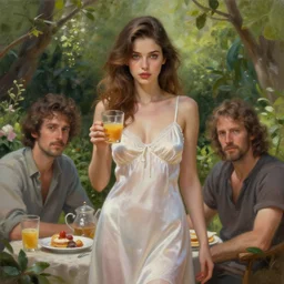 perfectly - centered - portrait of a beautiful lady wearing night gown having a breakfast in the garden, intricate, highly detailed, digital painting, artstation, concept art, smooth, sharp focus, illustration, realism, oil painting, unreal engine 5, 8 k, art by artgerm and dave rapoza and sam spratt