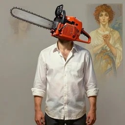 portrait man with a white shirt and a red chainsaw for a head, full body, highly detailed, digital painting, artstation, sharp focus, illustration, art by artgerm and irakli nadar and greg rutkowski and alphonse mucha - c 9. 5 - n 6