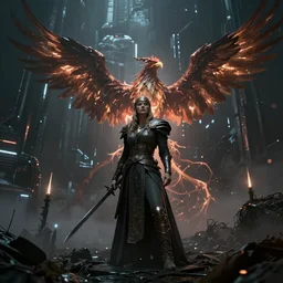 futuristic cyberpunk landscape with viking queen, dark, ominous, phoenix, lighting, by bastien lecouffe-deharme