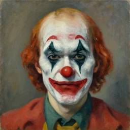 a sweaty bald worried brow clown face in the style of lucien freud, painting, auction