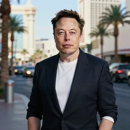 photo of elon musk on a street on las vegas strip,