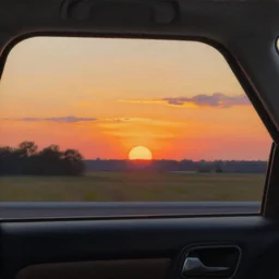 a romantic sunset pictured from the inside of a car, through car window, oil painting, matte color palette, highly detailed, realistic shaded, trending on artstation, golden ratio rule, storm thorgerson