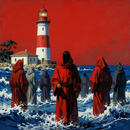worshippers in robes belonging to the cult of the lighthouse standing in waves, a lighthouse, high detailed Beksinski painting, part by Adrian Ghenie and Gerhard Richter. art by Takato Yamamoto. masterpiece, deep colours, red, blue