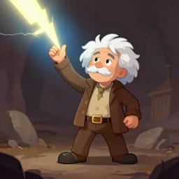 einstein struck by a lightning, cartoon, rpg character, humblewood art style, concept art, fantasy