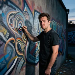 portrait photograph of a man painting graffiti wall art portraying a silly guy, dusk professional studio photography, dramatic lighting, intricate details