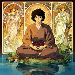 intricately detailed, samurai meditating by a serene reflection pool, feudal japan, intense, vivid complementary colors, beautiful linework, octane render, professional concept art by jonathan hickman, miyamoto mushashi, ghibli, alphonse mucha, reads, ross tran, rutkowski, grenier, octane render, marvel, dc, dnd