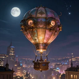 a stunning fantasy scene of a steampunk hot - air balloon flying over a lit city at night | highly detailed | very intricate | disney | magic the gathering | steampunk | chiaroscuro | dramatic romantic epic breathtaking whimsical magical | bokeh moon stars | professional cinematic lighting | award - winning | painted by marc simonetti | pastel color palette | featured on artstation