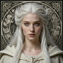 immortal majestic elven sorceress wearing a cloak, long beautiful strands of pale white hair, engraving, concept art, elden ring, illustration, smooth, sharp focus, by gustave dore and greg rutkowski, hyper realistic face, piercing beautiful eyes, fantasy art, in the style of midjourney, intricate, alphonse mucha, hyper detailed