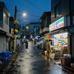 City Street, Intersection, Storefront, alleyway, beer advertisement, bicycle in background, blue chairs, blue table, city street lights, clumps of bananas, colored light, colorful umbrella, convenience store, dark blue sky, dingy city street, exiting store, getting groceries, hilly road, korean writing, looking down street, moped, raining, smoking outside, tan suit, wet road, wet street, white shoes, wires hanging above street, wires in background, very high quality photography, dusk, cinematic.