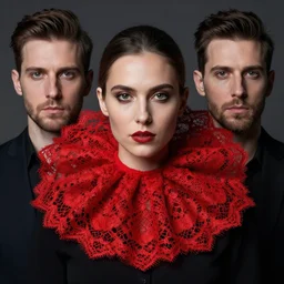 a portrait of female model by stefan geselle and nekro borja, photorealistic, intricate details, hyper realistic, big red lace colar, photorealistic, canon r 3, photography, wide shot, photography, dark beauty, symmetrical features