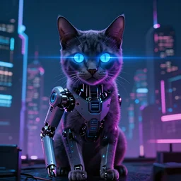 Synthwave cat with cybernetic limbs and laser eyes in front of a cyberpunk cityscape. Cyberpunk, dark, 8k resolution .