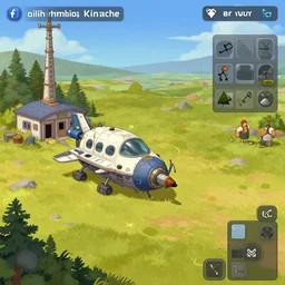 next to a small spaceship that needs repaired, in a remote outpost, from a point and click 2 d graphic adventure game, art inspired by [ thomas kinkade ] and [ mark keathley ]