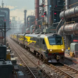 cyberpunk locomotive on railroad through cyberpunk industrial site. cyberpunk factories. cyberpunk kowloon. rail tracks. cyberpunk industrial area. digital render. digital painting. beeple. noah bradley. cyril roland. ross tran. trending on artstation.