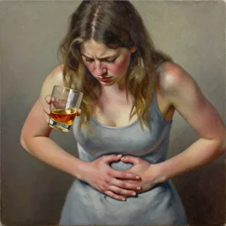 lauren's stomach hurting after drinking too much alcohol, oil on canvas, intricate, portrait, 8 k highly professionally detailed, hdr, cgsociety