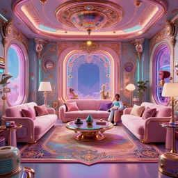80s futuristic retro living room:: by beeple and James Gilleard and Justin Gerard :: ornate, dynamic, particulate, intricate, elegant, highly detailed, centered, artstation, smooth, sharp focus, octane render, 3d