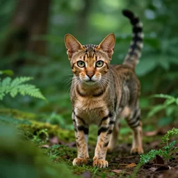 a firece savannah cat in a lush forest