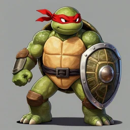 a badass turtle fighter with red bandana on his eyes, protectors on elbows and a shield made out of a turtle shell. greg rutkowski, artgem
