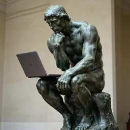 auguste rodin's the thinker statue but with a laptop on his knees