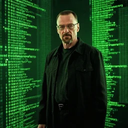 walls of green text, lines of green code, walter white as neo from The Matrix (1999), background is green lines of text, CGSociety