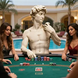 the statue david from michelangelo sitting at a poker table with many chips in front of him, playing poker in the golden nugget, sitting with beautiful women near the pool at pike's hotel in ibiza