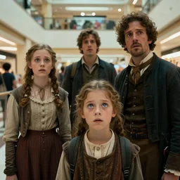 sharp, highly detailed, film from a 2 0 1 9 sci fi 8 k movie, a family of four from 1 8 6 0 travel in time to 2 0 1 9, suddenly appearing in a shopping mall, looking confused, family wearing 1 8 6 0 s clothes, atmospheric lighting, in focus, reflective eyes, 3 5 mm macro lens, live action, nice composition