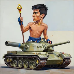 greg manchess side portrait of a filipino mma fighter with a scepter sitting on a tank, organic painting, sunny day, matte painting, bold shapes, hard edges, street art, trending on artstation, by huang guangjian, gil elvgren, ruan jia, randy vargas, greg rutkowski