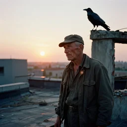 Portrait of a tired battle-worn rugged veteran staring contemplatively into the sunset from an abandoned overgrown rooftop terrace. A crow perched above stares at the sun, as well. Masterpiece.  Photo taken with Kodak Professional Pro Image 100 35mm film.