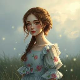aerith gainsborough in floral cottagecore dress, portrait, illustration, rim light, top light, overcast cloudy weather, soft light particles hovering near her, perfectly shaded, soft painting, art by krenz cushart and wenjun lin