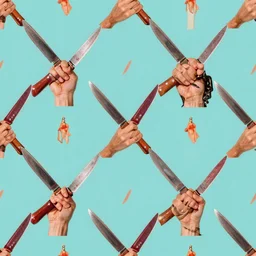 a seamless repeating pattern of hands holding knives. surreal photograph, lo - fi, polished look, solid background, silly and serious, hermes ad, fashion photography, toiletpaper magazine by pierpaolo ferrari and maurizio cattelan, 3 5 mm photograph, colourful, david lachapelle, canon eos c 3 0 0, 8 k, medium - format print