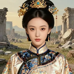 a lovely and shiny young empress of qing dynasty, face by artgerm, ross tran, fuji choko, loish, 8 k resolution, attractive, symmetrical portrait, beautifully detailed landscape of ruin, trending on pixiv and pinterest, charming black eyes, luxury