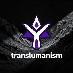 transhumanism logo, black background, purple and white symbole in the center »