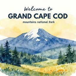 welcome to grand cape cod mountains national park! vibrant tourist poster, minimalism, tourism, rich color palate, watercolors, trending on artstation