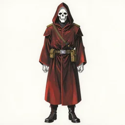 A anime still of a grim reaper by Takeshi Obata, skeleton face symmetrical face,symmetrical body, worn clothes, military boots,colors red and black and white, pencil art on paper